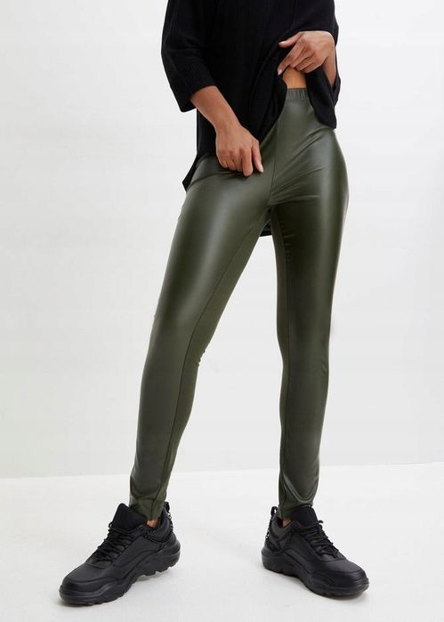 B.P.C legginsy ciemnozielone z eko skórą r.40/42