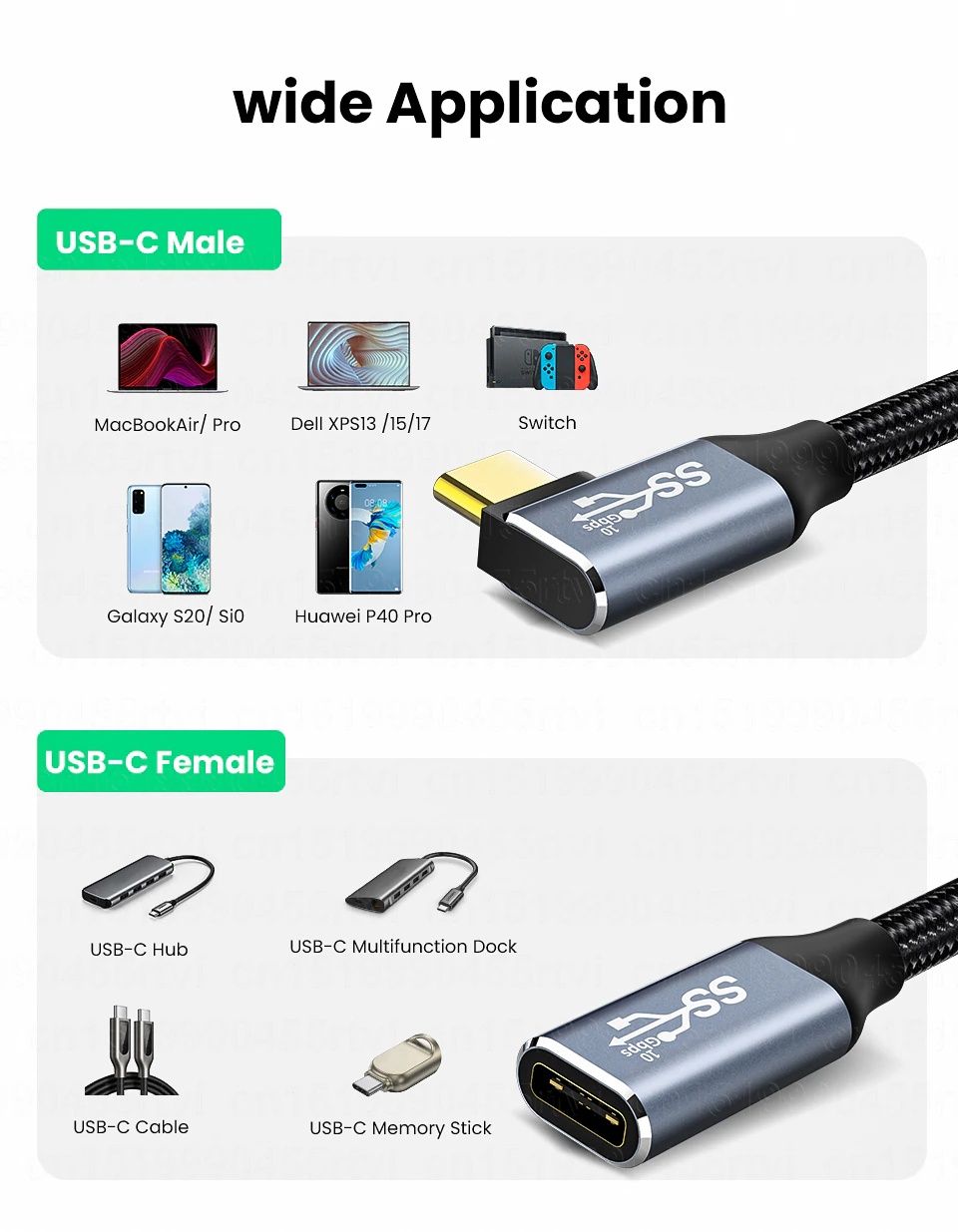 Удлинительный кабель (угловой) USB C PD 100W, 5A, USB 3.1,  0.5 М