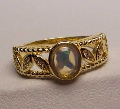 Pierścionek opalizujący kamień listki z cyrkoniami srebro złocone R.23