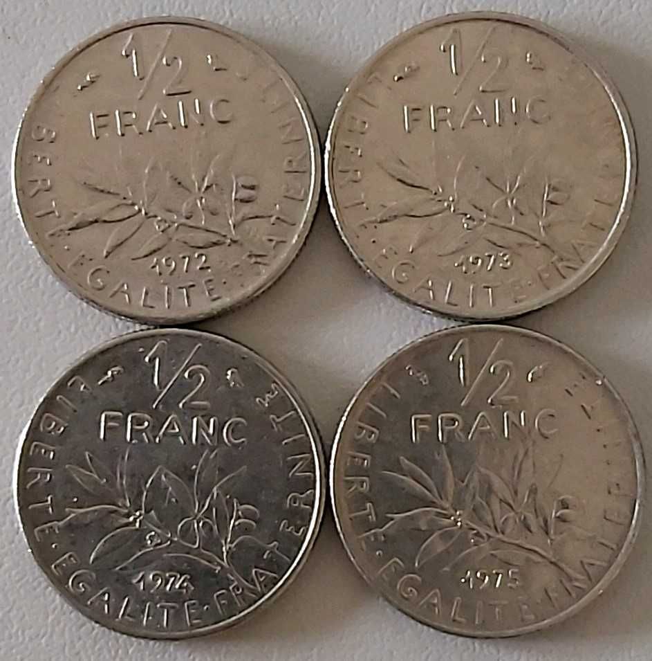 Lote 4 moedas de  1/2 Franco de 1972 / 73 / 74 / 75 de  França