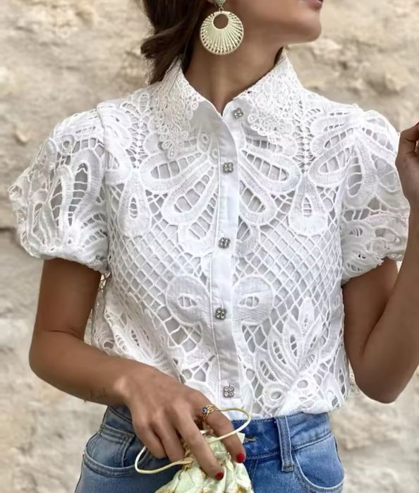 Koszula damska koronkowa z bufkami biała rozm.L śliczna