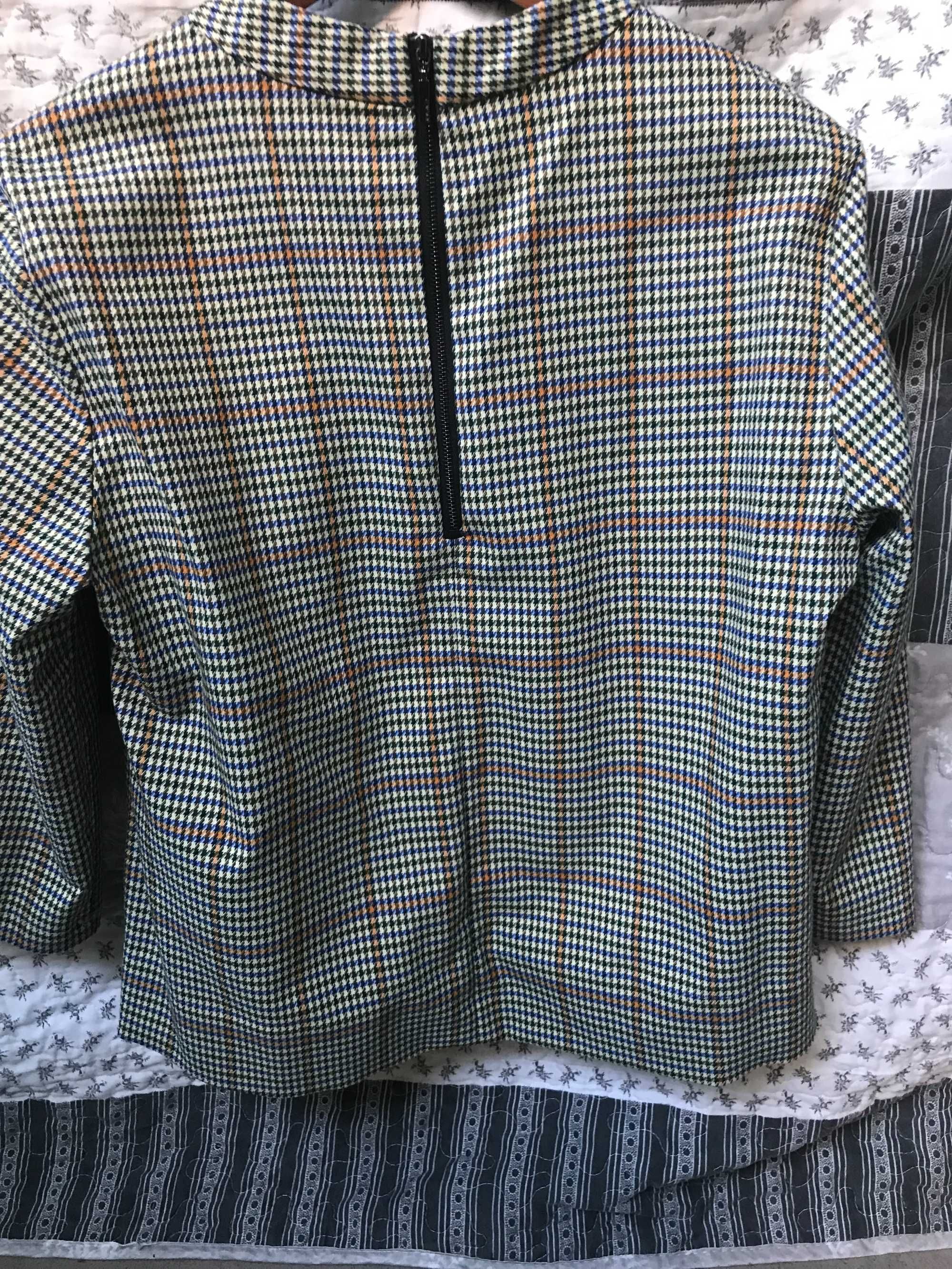 Bluza z tkaniny w beżowo-zielono-niebiesko-rudą kratkę