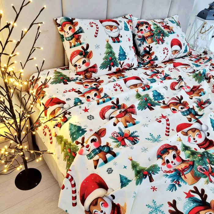 Тепла Новорічна постільна білизна з фланелі. Санта, оленята