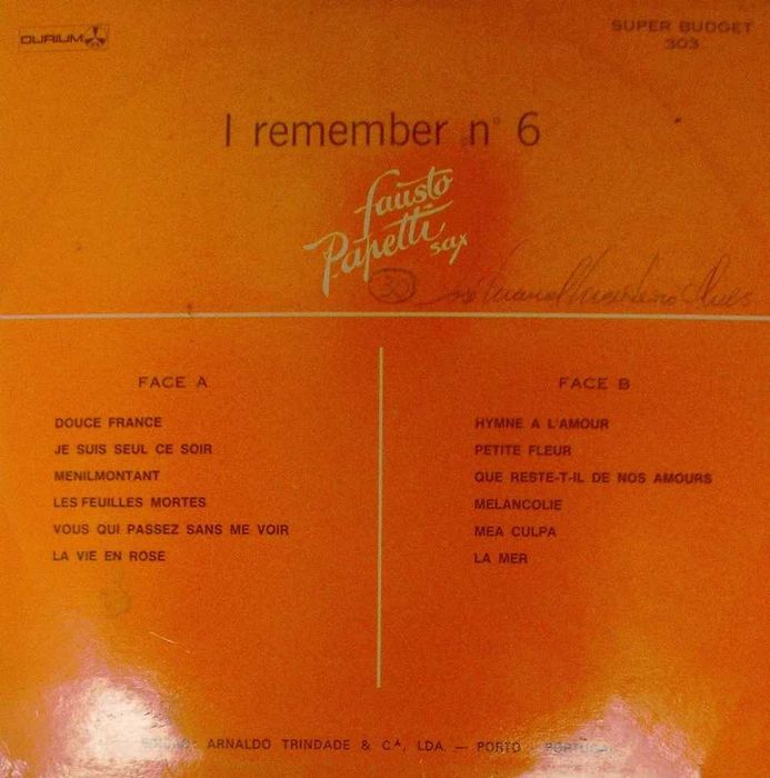 Fausto Papetti Sax – Douce Francia I Remember... Nº 6 1981 Portugal