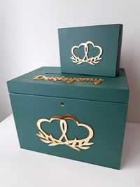 Pudełko na koperty butelkowa zieleń lustrzane złote napisy pleksi ślub