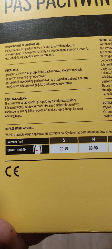 Pas pachwinowy z pelotą, prawostronny, pas po zabiegu przepukliny.