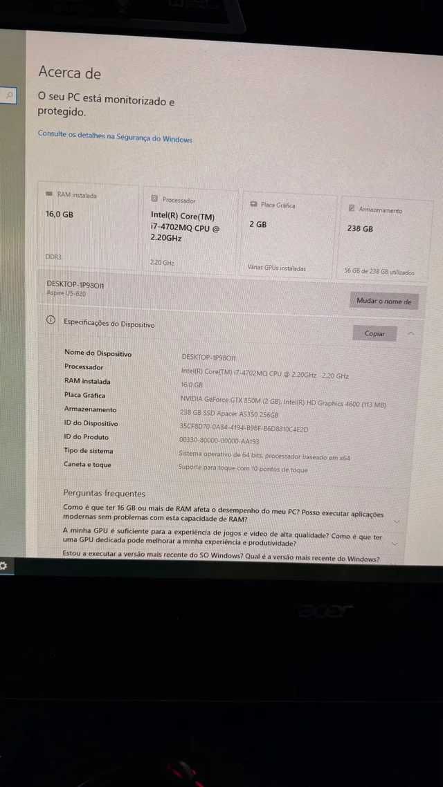 PC All in one Acer i7 16gb ram ecra 23” tatil ssd