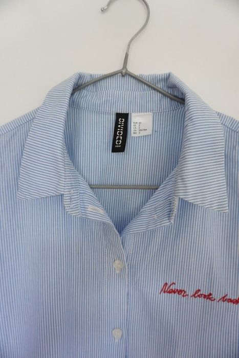 Błękitna koszula w białe paski H&M XXS 32 elegancka bluzka długi rękaw