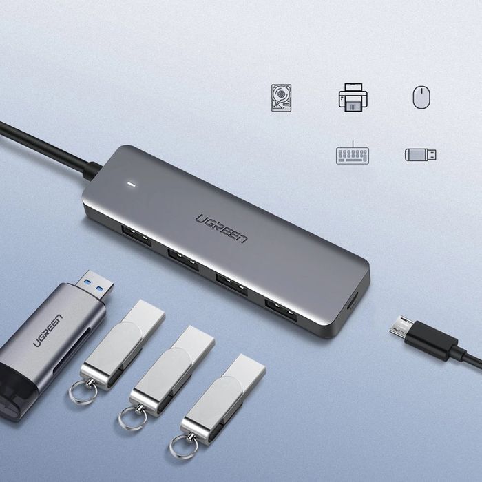 Ugreen HUB USB - 4x USB 3.2 Gen 1 z portem zasilania micro USB szary