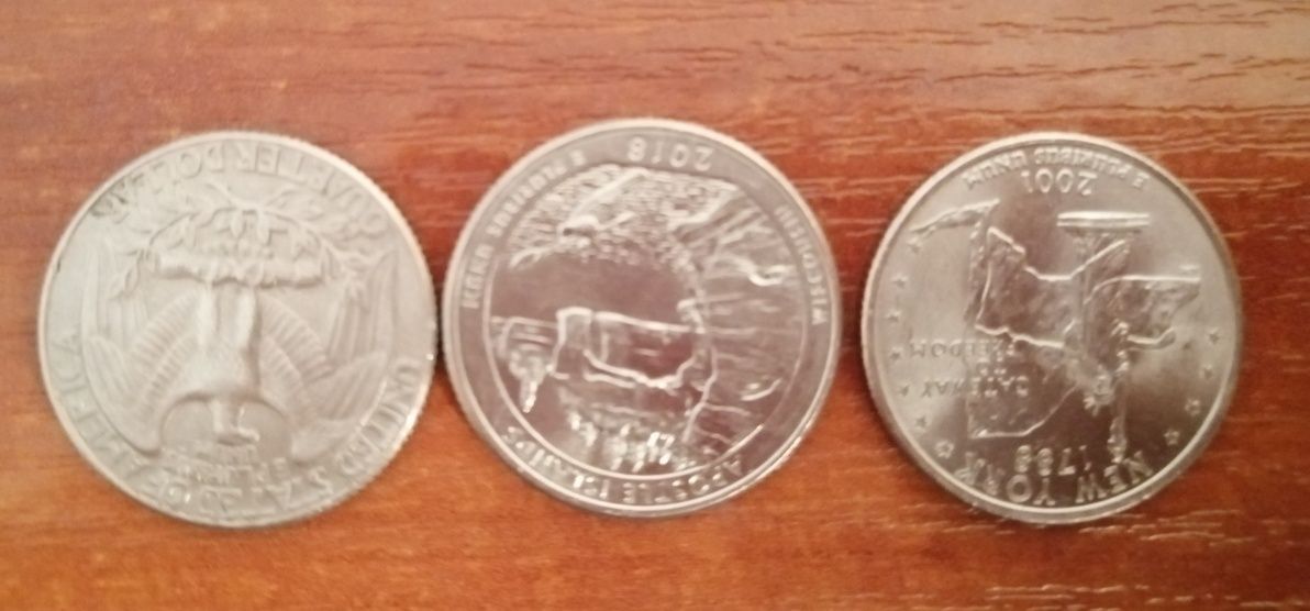 Монеты перевёртышы LIBERTY Quarter Dollar 1/4 дол. 1989, 2001,2018 г