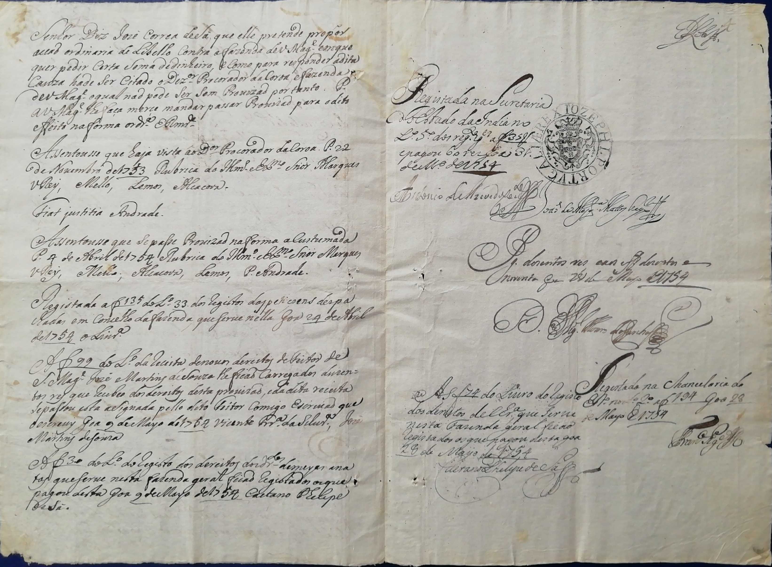 MARQUÊS DE TÁVORA - Raríssimo Autógrafo Original de 1754 do Mártir !!!
