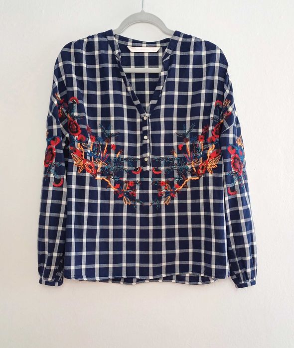 Granatowa biała koszula damska w kratę Zara rozmiar XS oversize