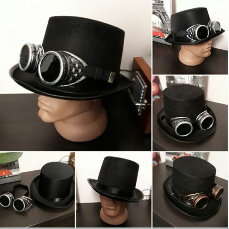 Шляпа Цилиндр с очками гогглы на Хэллоуин Винтаж Стимпанк Ретро