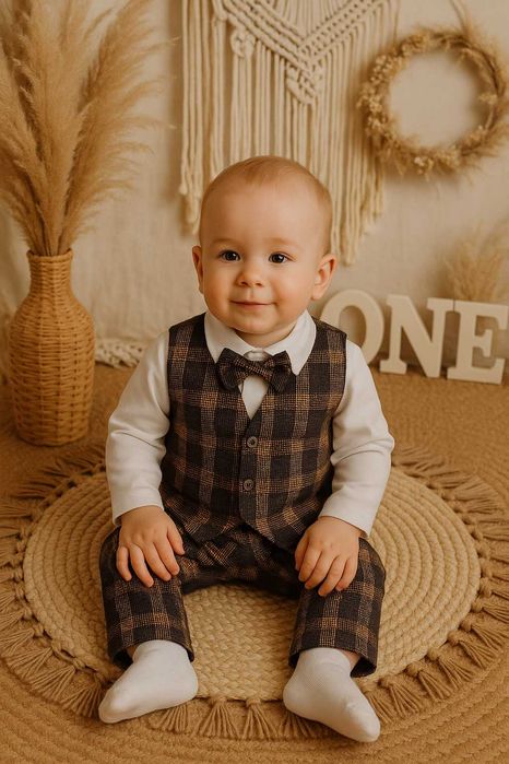Garniturek dla dziecka na chrzest roczek urodziny kamizelka BRĄZ 92