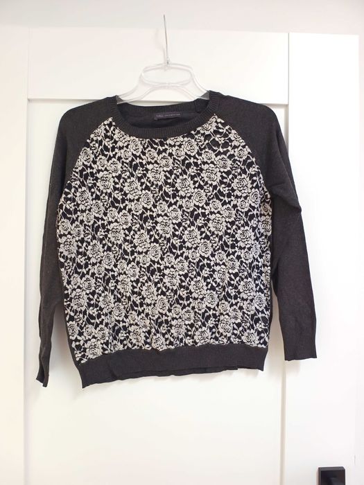 szary krótki kwiecisty sweterek w kwiaty damski 40L krótki czarny