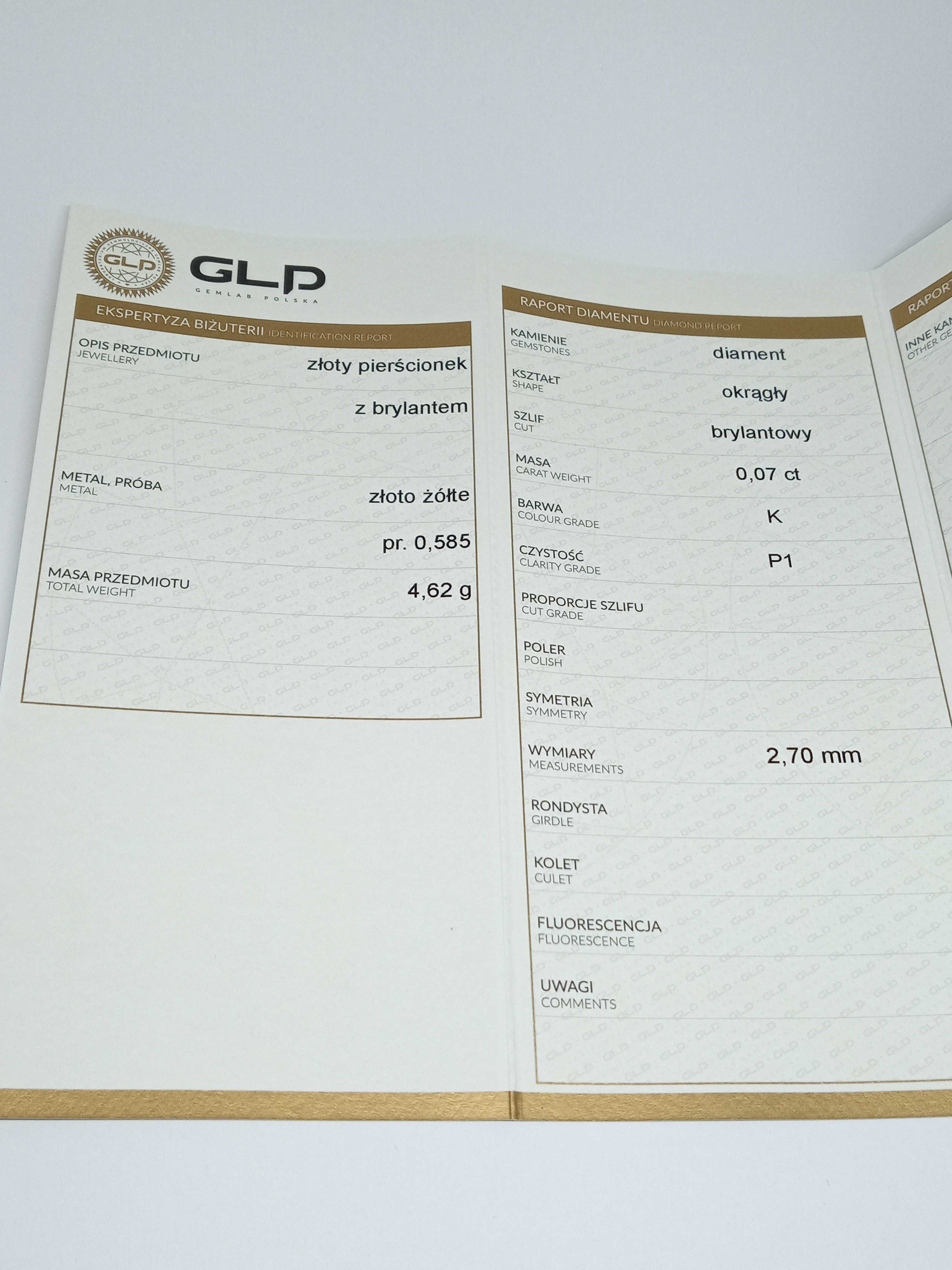 Lombardowski. Złoty pierścionek z brylantem pr.585 Certyfikat 0,07ct