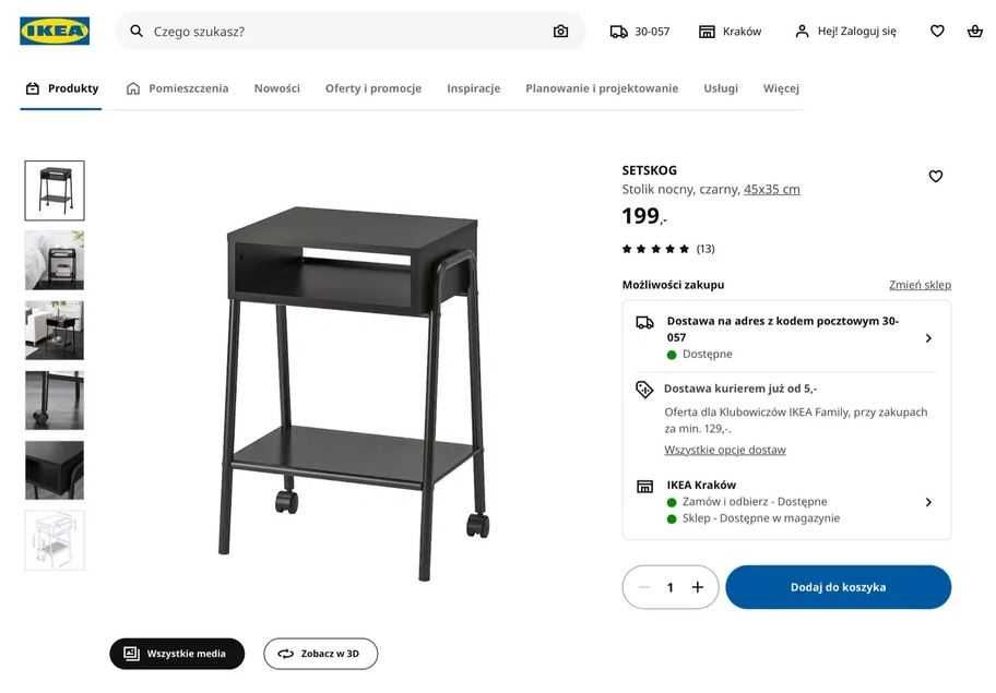 Ikea Nowy Stolik nocny Zapakowany SETSKOG Czarny 45 x 35 x 65 cm