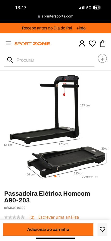 Passadeira de Corrida HOMCOM A90-203 (Preto - 64x25x119cm)