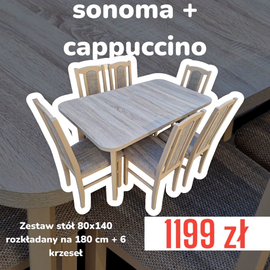 Nowe: Stół 80x140/180 + 6 krzeseł, sonoma + cappuccino, trans PL