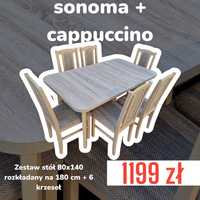 Nowe: Stół 80x140/180 + 6 krzeseł, sonoma + cappuccino, trans PL