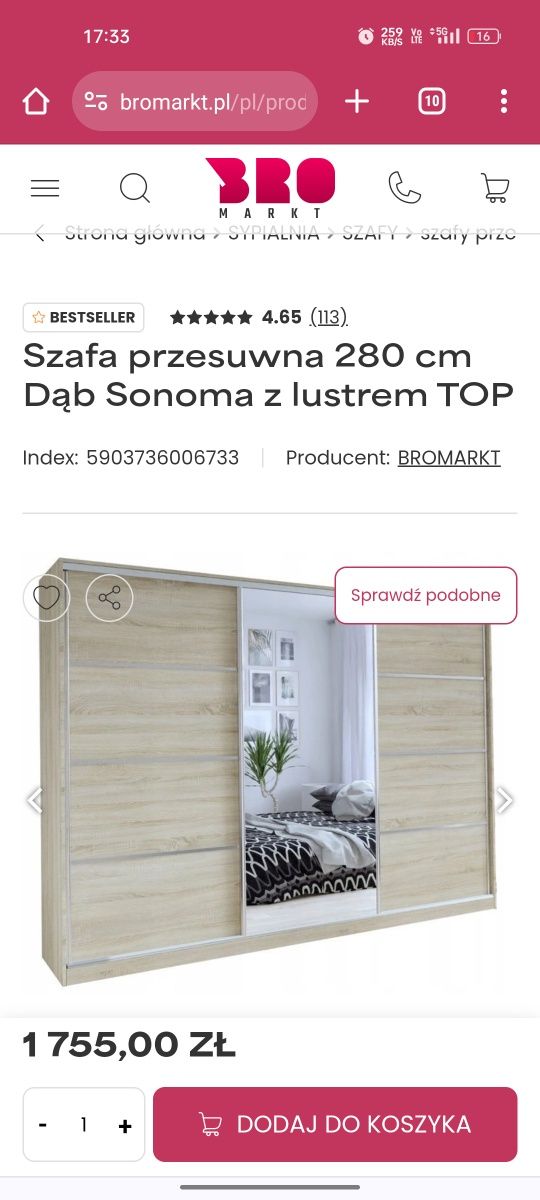 Szafa przesuwna 280cm z lustrem