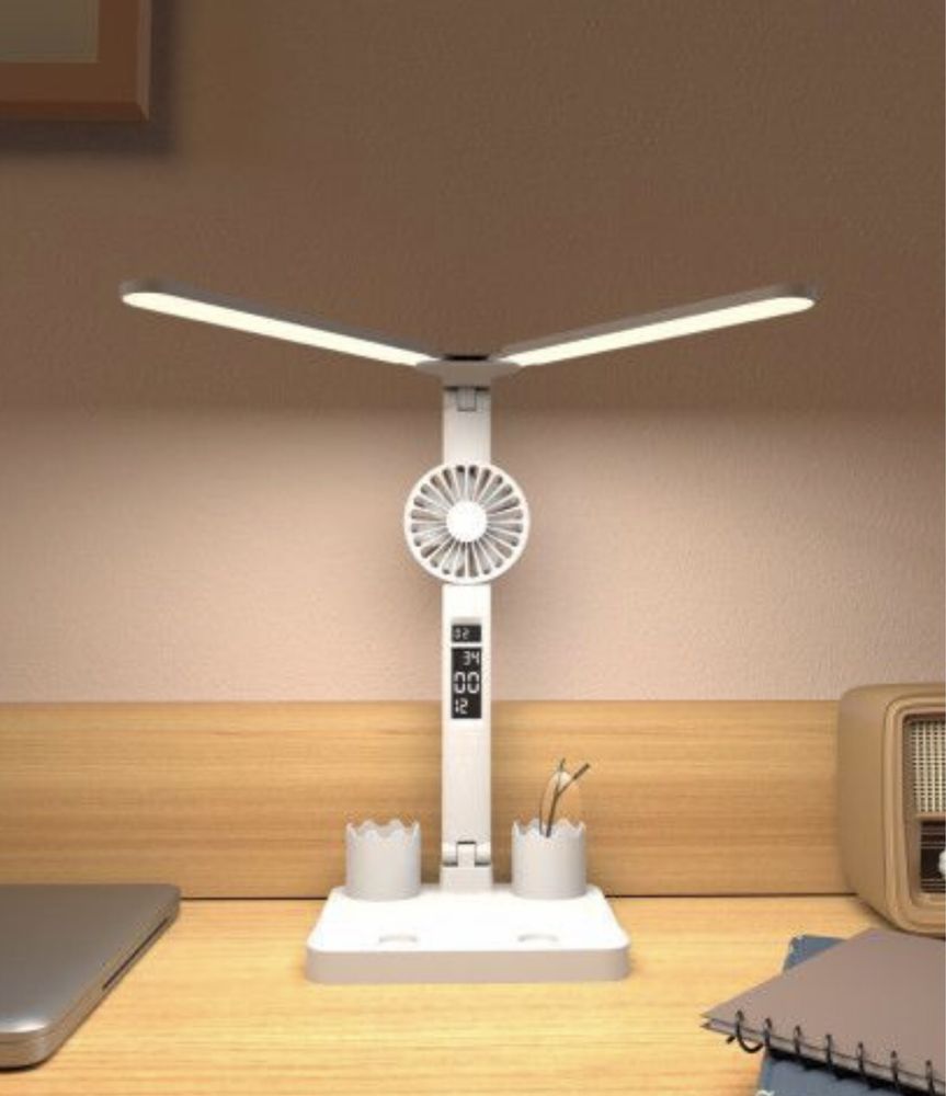 Lampa na biurko z przybornikiem i wiatrakiem