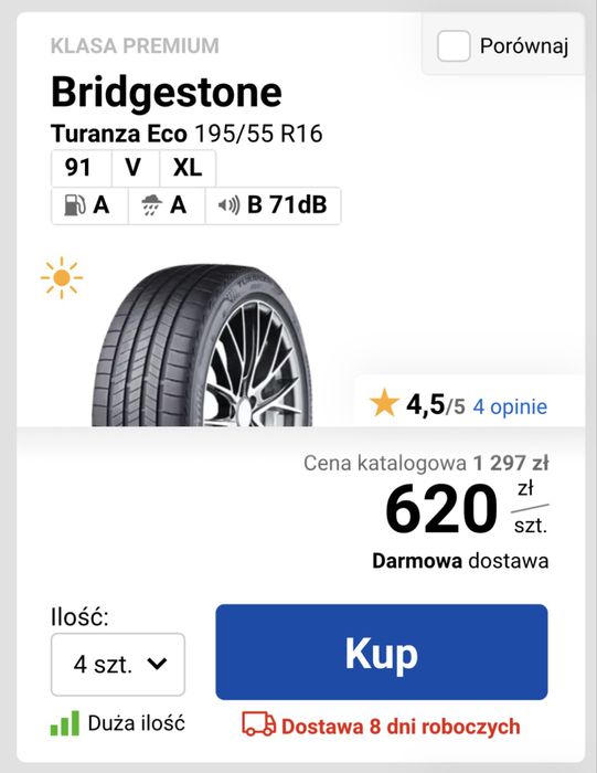 Letnie Bridgestone Turanza Eco 195/55/R16, A/A/B, 1000km przejechane