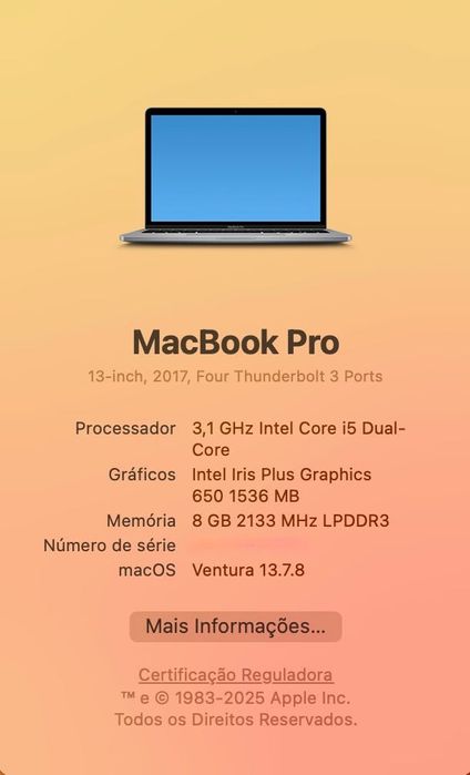 MacBook Pro 13” (2017) – i5 3.1 GHz – 8 GB – 256 GB – Excelente Estado