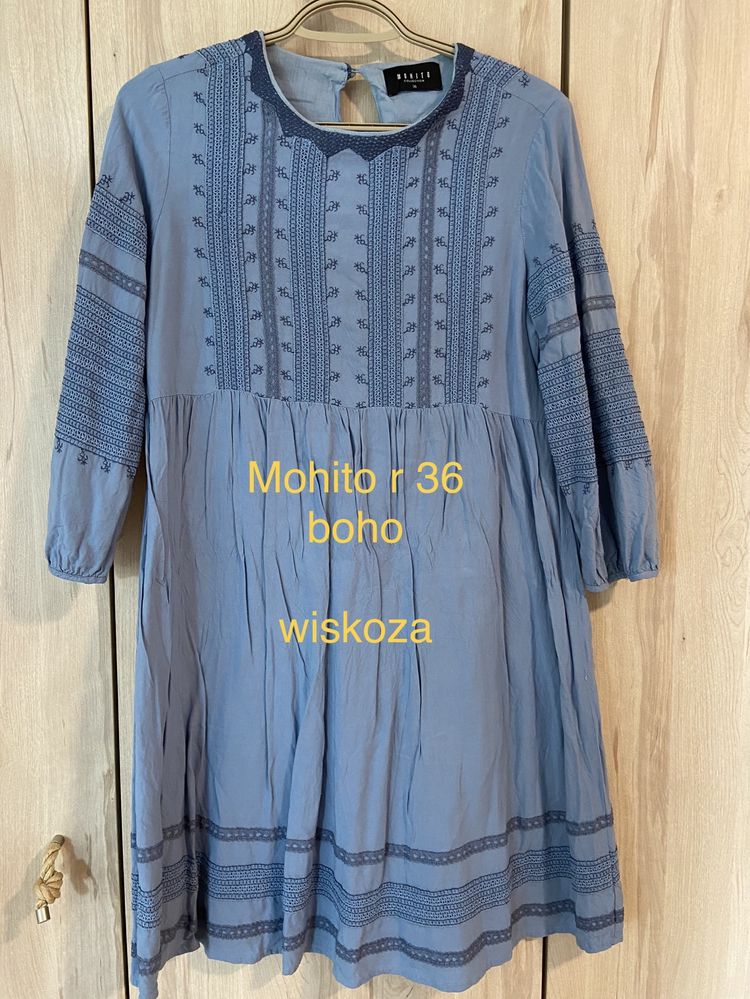 Mohito 36 niebieska sukienka rękaw wiskoza boho miękka lato Vintage