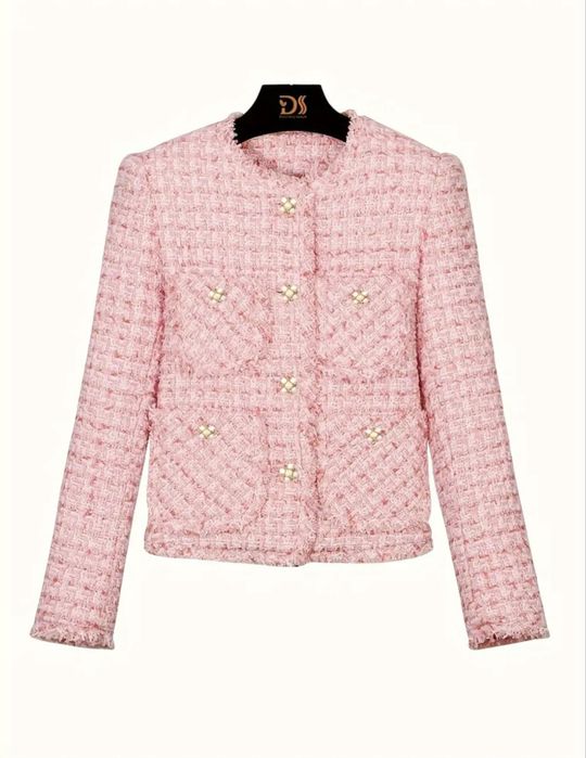 Піджак рожевого кольору, твід, довгий рукав, весна-осінь,