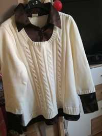 Biały sweterek z kombinacją z brązowego materiału