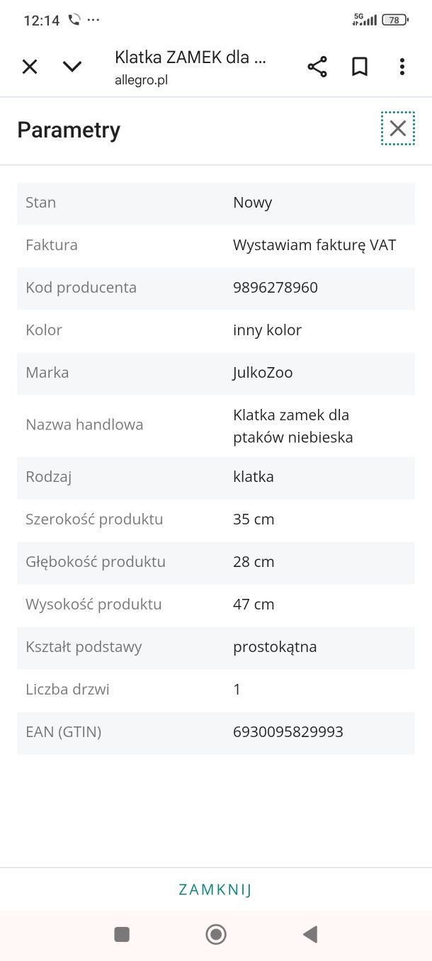 Klatka dla kanarka zeberki mewki itp