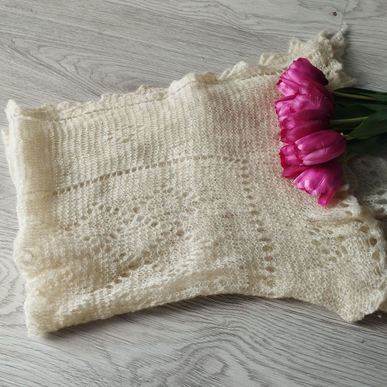 Miękka moherowa chusta handmade | Naturalna włóczka