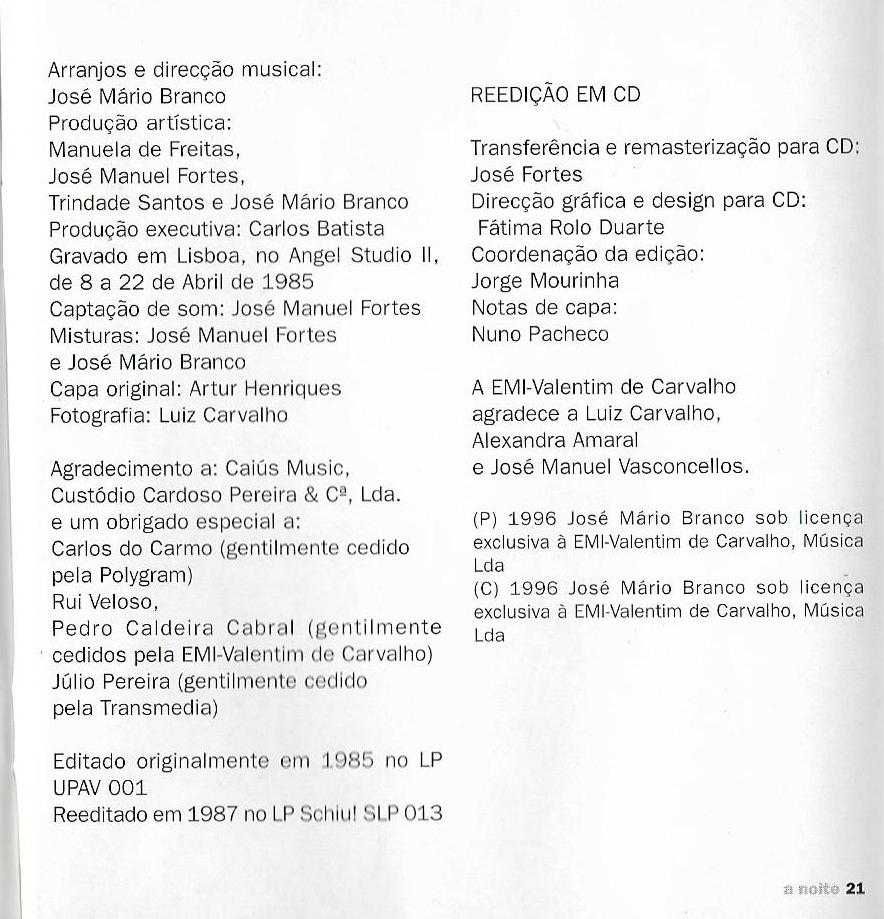 José Mário Branco - - - - - A Noite - - - - - CD