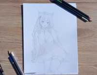 Rysunek Szkic Anime Manga girl cat