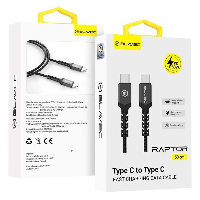 Blavec Kabel Raptor pleciony - Typ C na Typ C - PD 60W 3A 0,5 metra