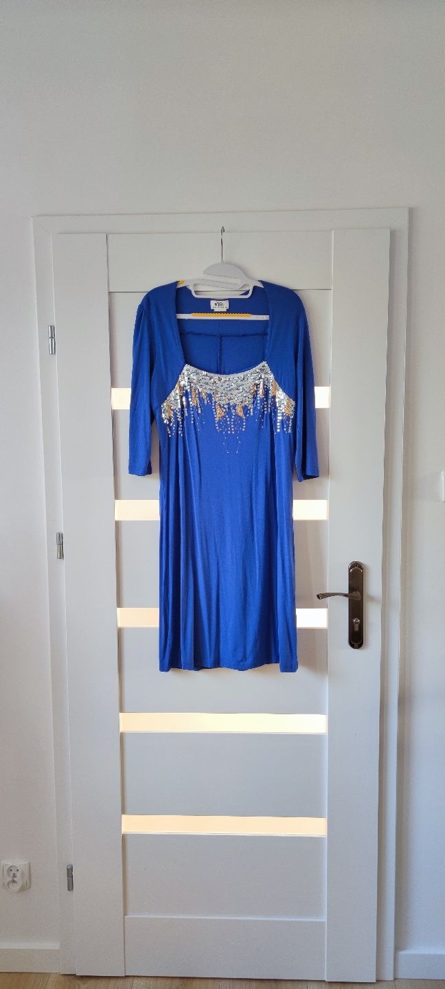 Sukienka niebieska cekiny wiskoza rękaw 3/4 rozmiar L/XL
