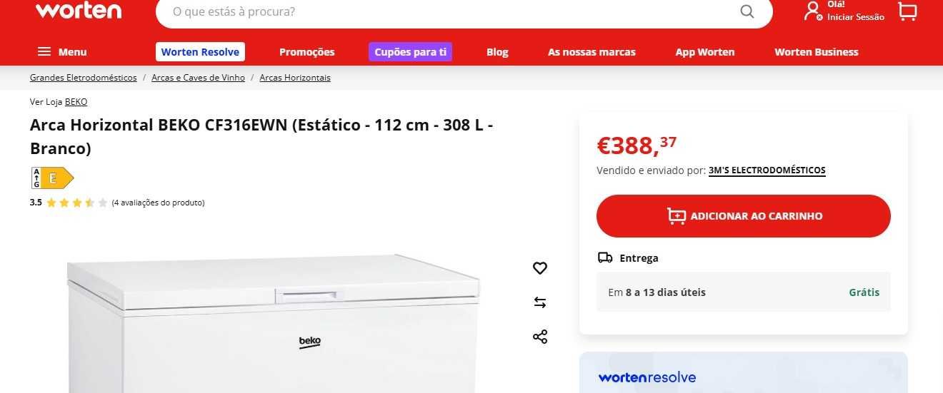 Arca Horizontal BEKO CF316EWN (Estático - 112 cm - 308 L - Branco)