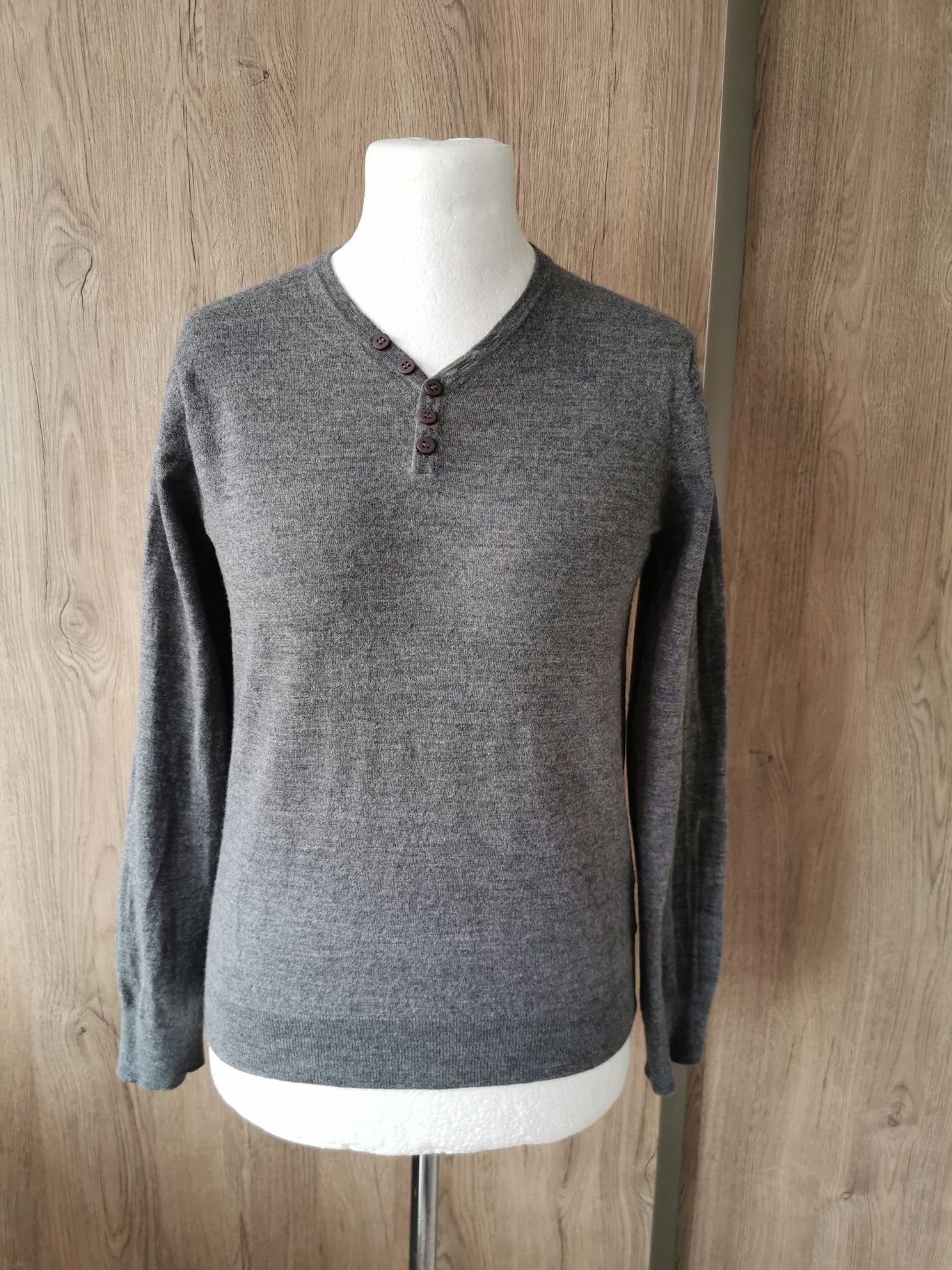 Linea wełniany cienki sweter szary / longsleeve Basic 100% wełna merin