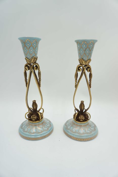 PARA świeczników bękitne porcelana z brązem