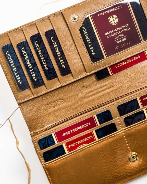 Peterson portfel skórzany damski Gold Champagne duży elegancki RFID
