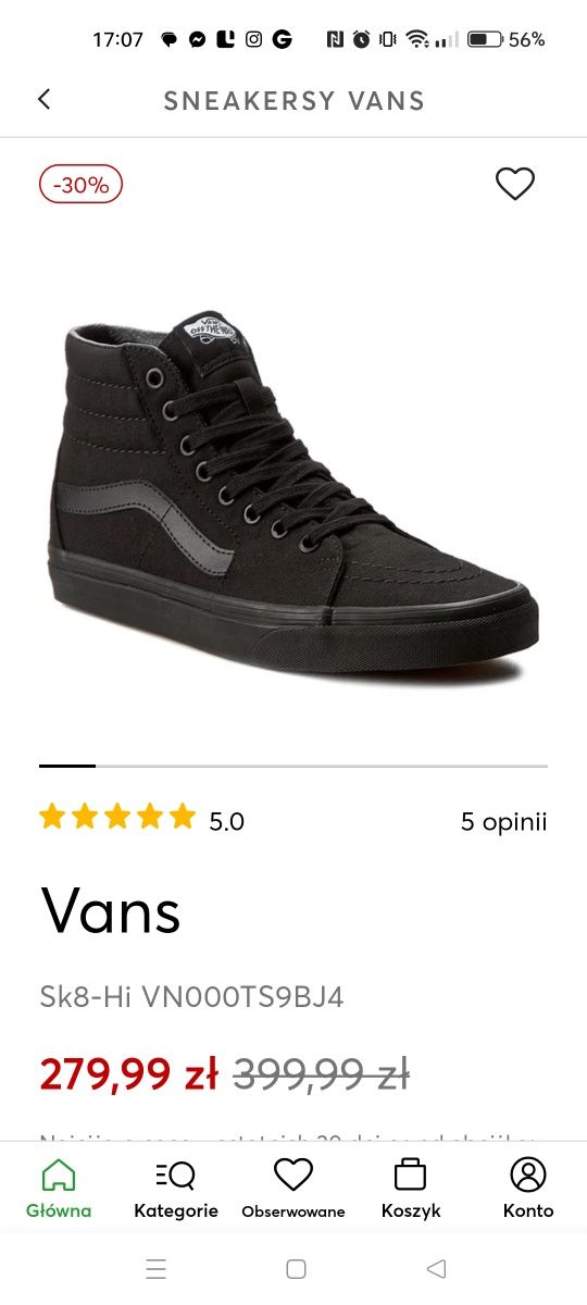 Czarne wysokie tenisówki dziecięce Vans nowe rozm. 30