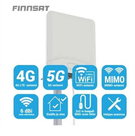 Antena Finlandesa 4G/5G MIMO Omni 698 a 5000 MHz, 4-6dBi, 2 saídas