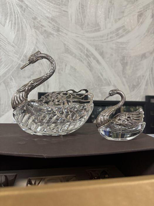 Набор «Лебеди» — икорницы/соусницы из серебра 925 пробы и хрусталя