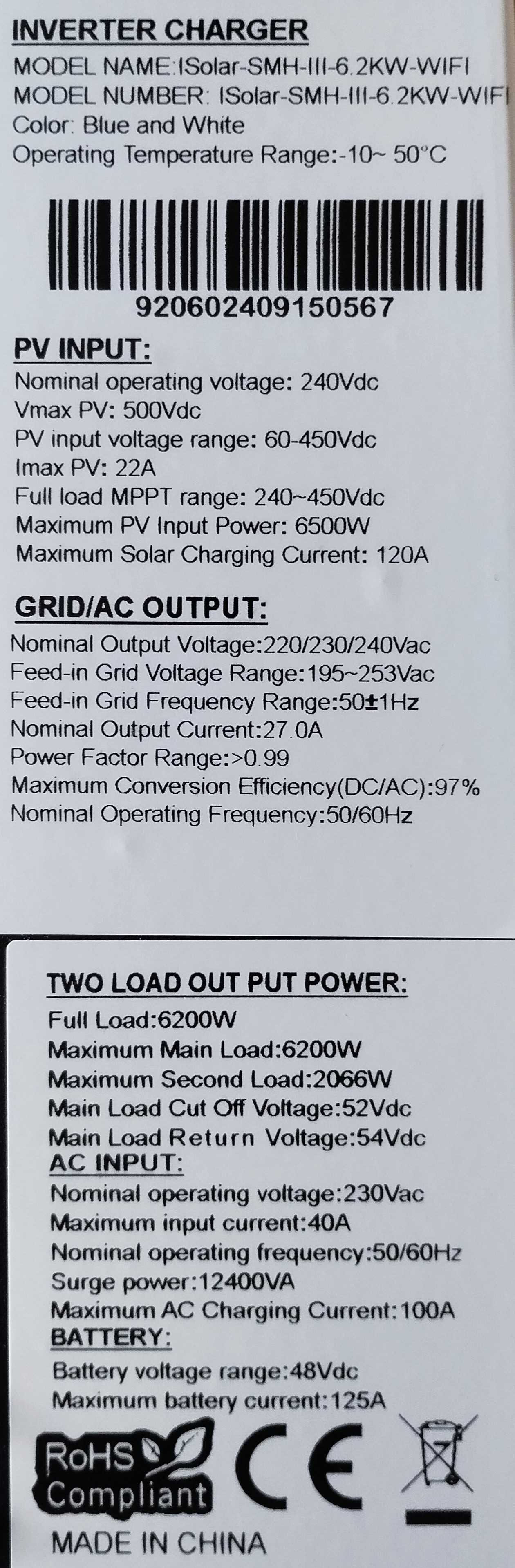 Inwerter falownik off-grid  EASun SMH-III-6.2KW 48V 120A BMS WiFi