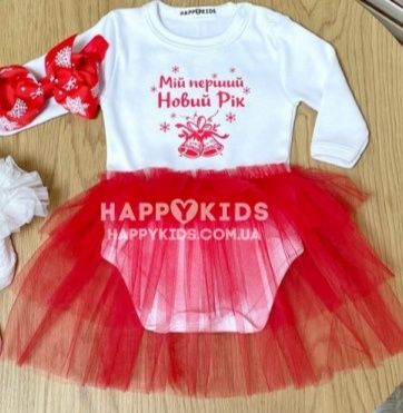 Новорічний комплект для дівчинки, боді-сукня, пов'язка і носочкиМій пе