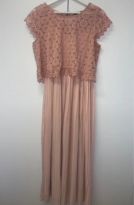 Piękna długa sukienka plisowana + koronkowy top Pudrowy róż L XL