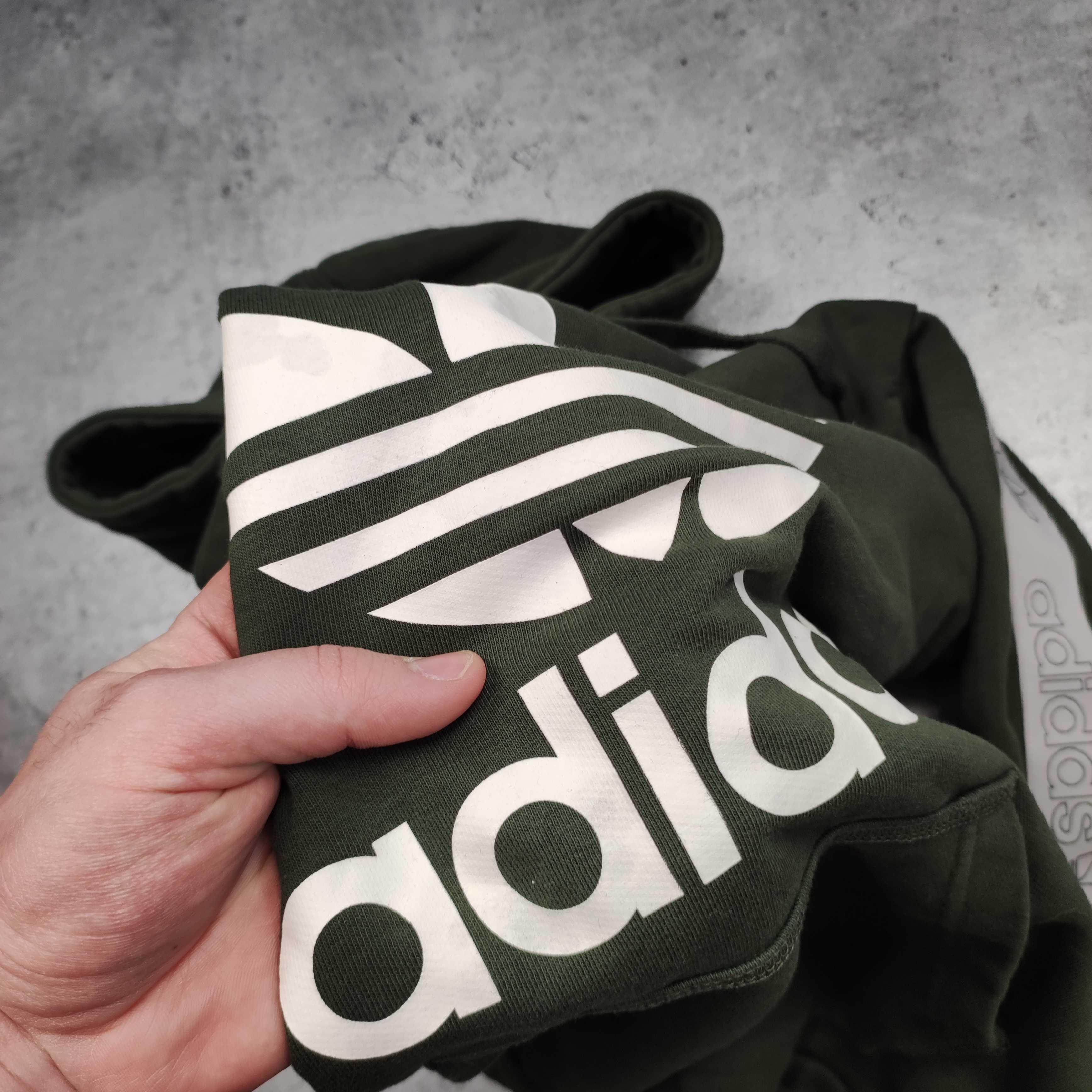 DAMSKA Bluza z Kapturem Hoodie Adidas Lampas Duże Logo Nadruk Khaki