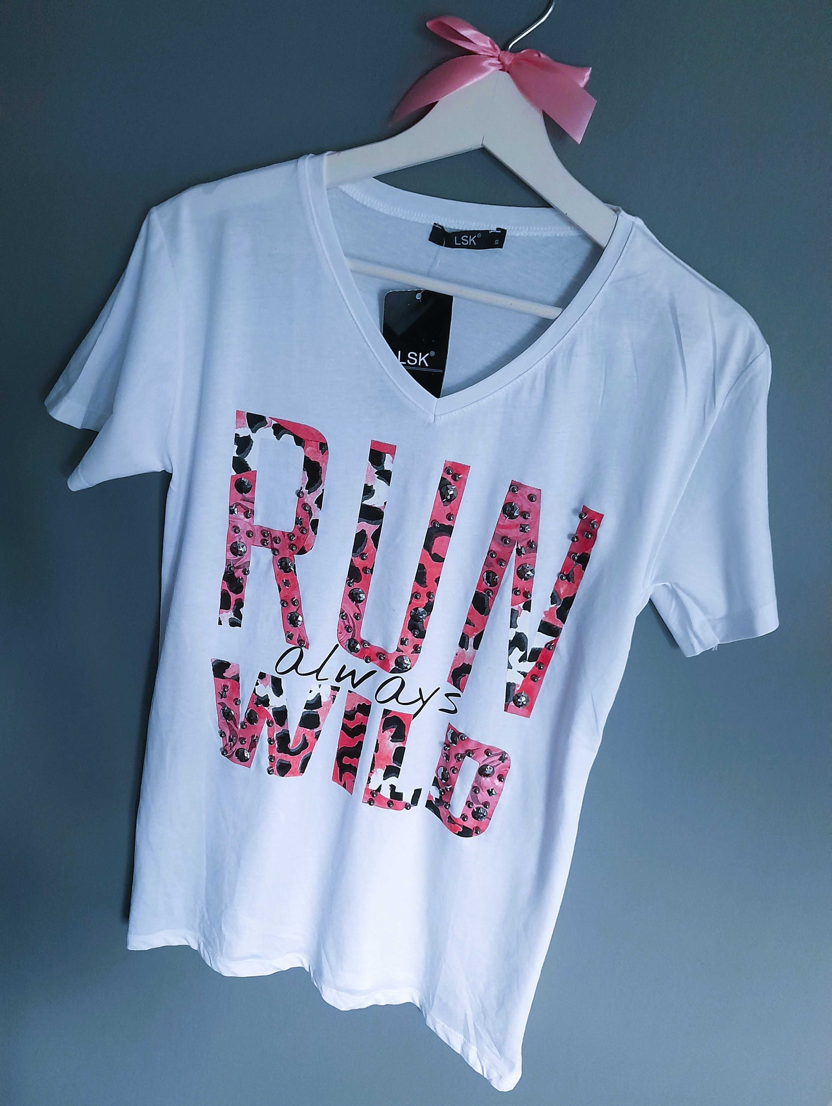 Biały t-shirt różowy napis panterka cyrkonie