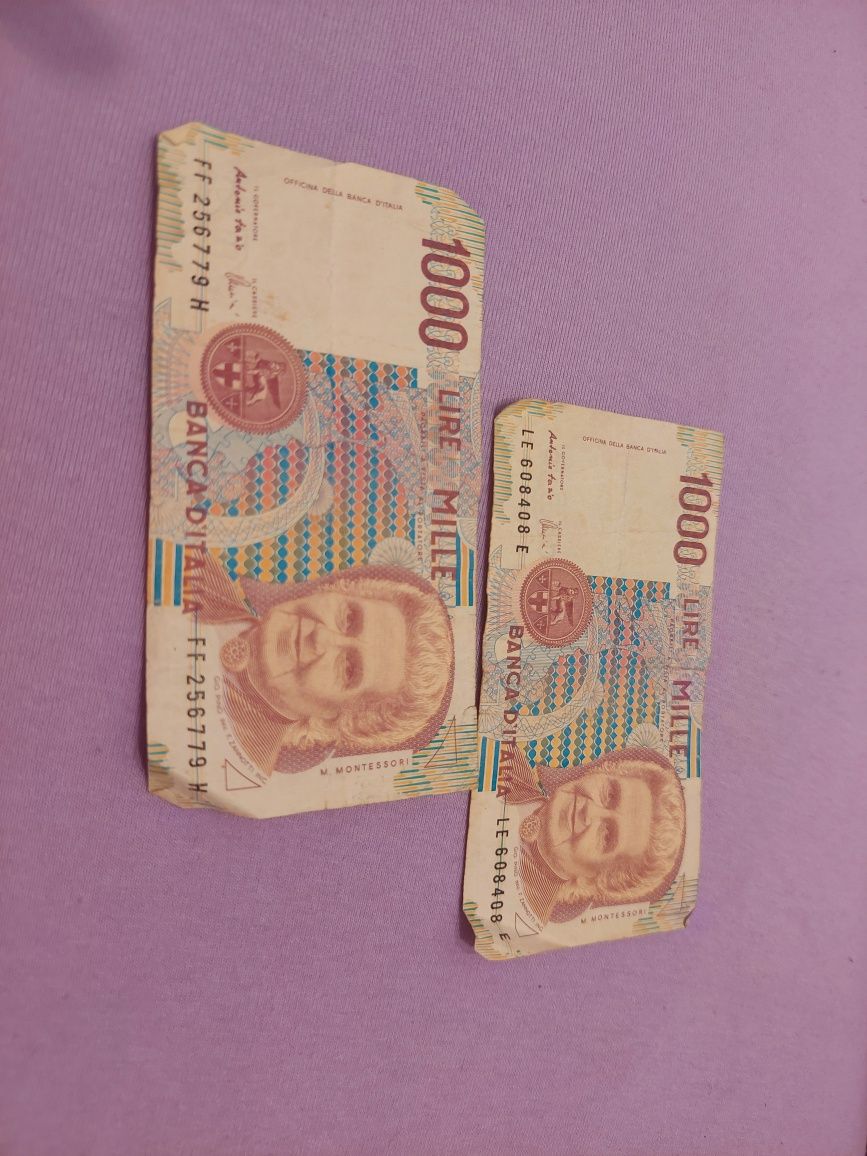Dwa banknoty 1000 lirów włoskich